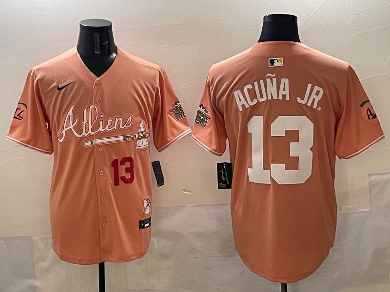 Men Atlanta Braves 13 Acuna jr Orange Five generations Joint Name 2025 Nike MLB Jersey style 3